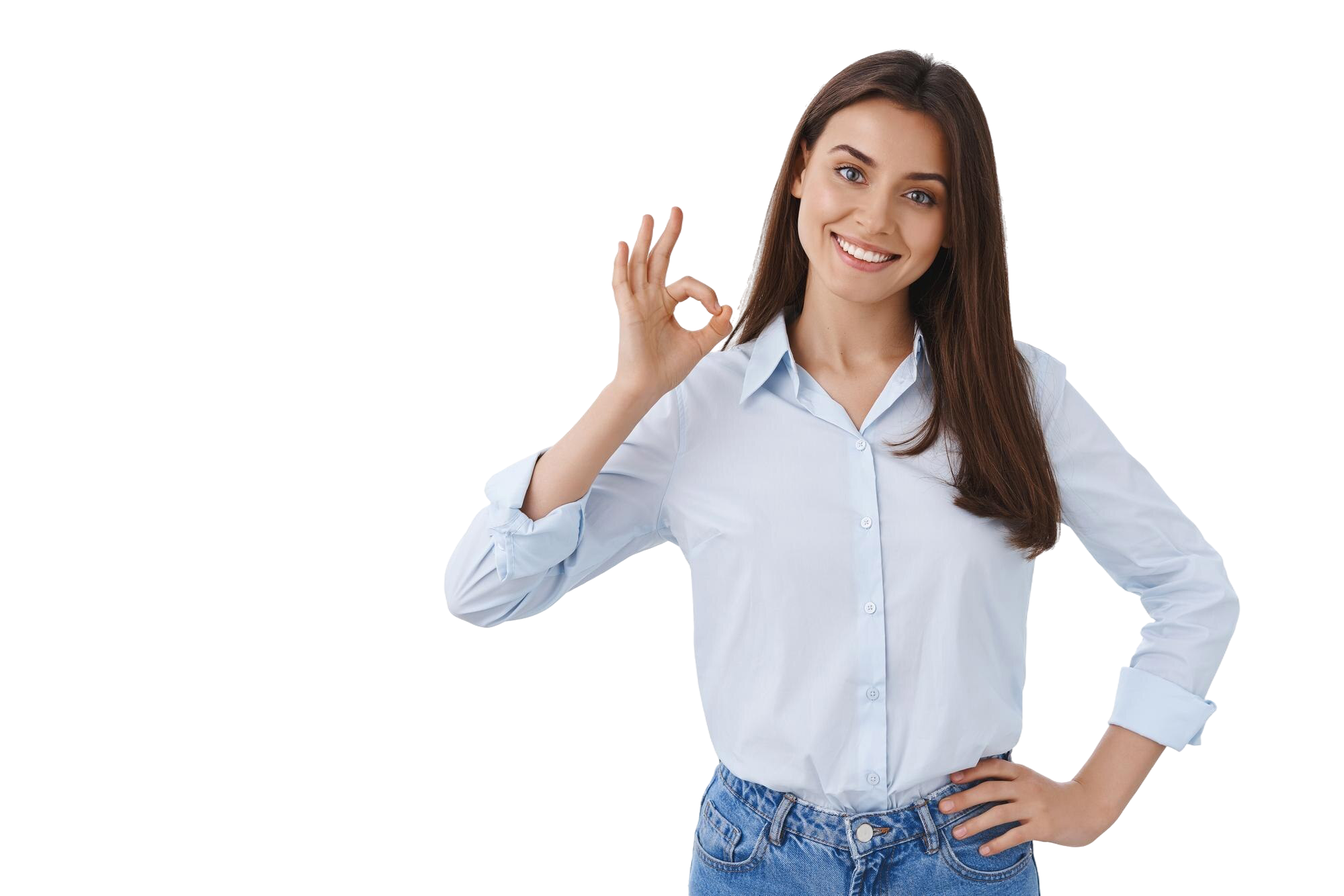 Profissional sorrindo e fazendo sinal de positivo